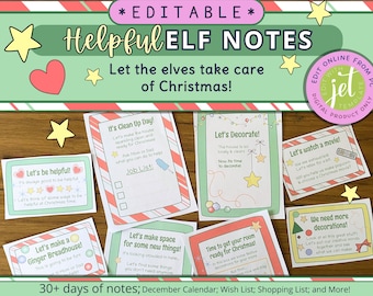 Könnte beinhalten: Ein Satz druckbarer Elfen-Notizen für Weihnachten. Die Notizen sind grün und weiß mit Illustrationen von Elfen und Weihnachtsdekorationen. Die Notizen enthalten Sätze wie "Lasst uns hilfsbereit sein!" und "Lasst uns Platz für neue Dinge schaffen!"