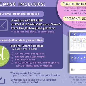 May include: A purple and green illustration of a digital product for a bedtime chart template. The template is customizable with text, images, and themes. The image includes a QR code to access an instruction video for printing and assembling the chart.