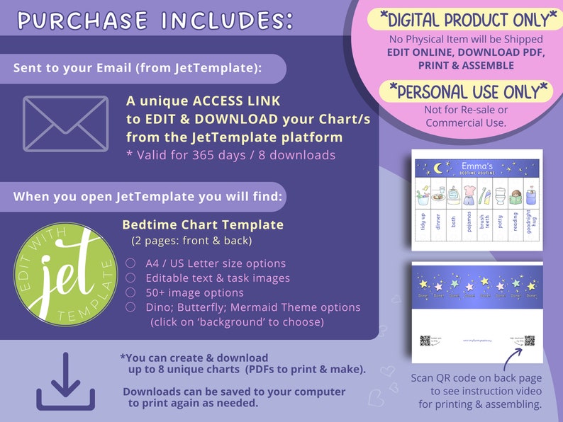 May include: A purple and green illustration of a digital product for a bedtime chart template. The template is customizable with text, images, and themes. The image includes a QR code to access an instruction video for printing and assembling the chart.