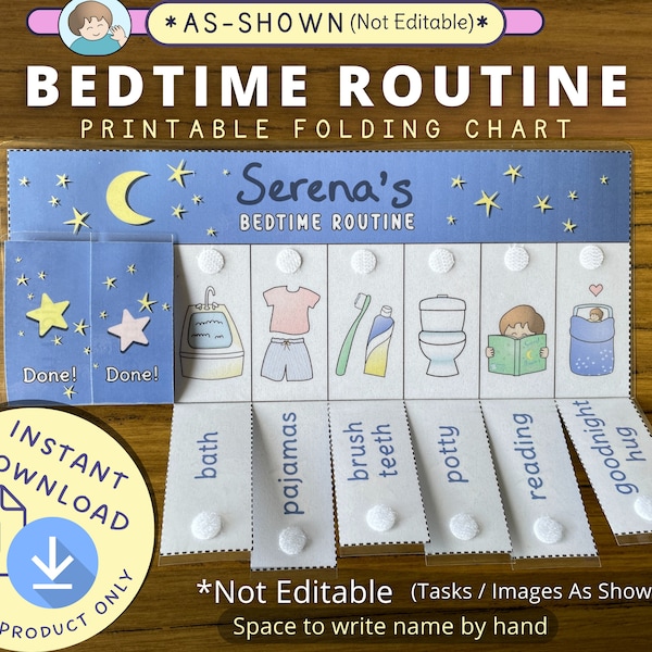 Bedtime Routine Chart, Printable Folding / Flip Chart : kids daily checklist / visual schedule for toddler evening routine