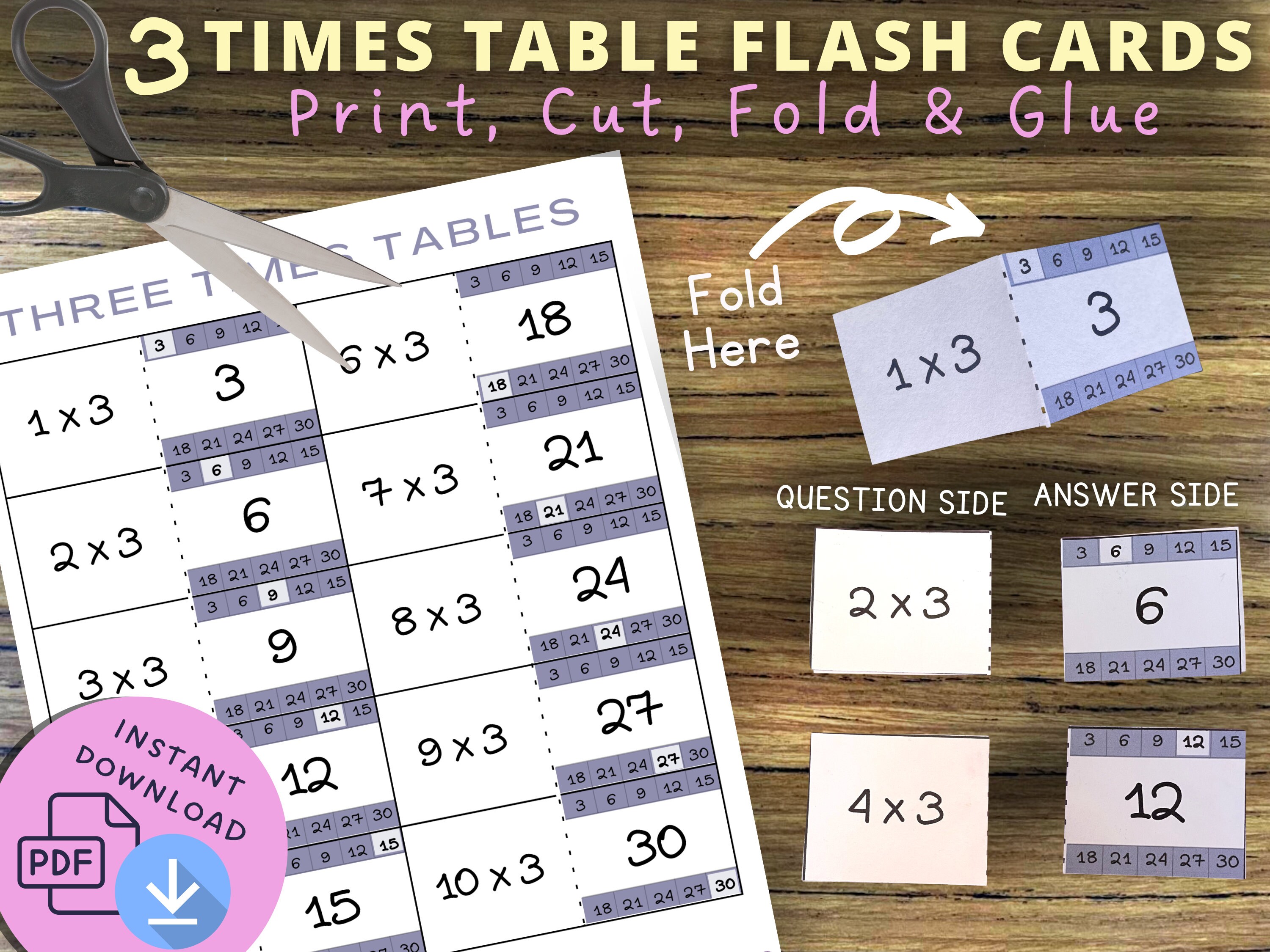 3 Times Tables Flash Cards Printable Multiplication Flash Etsy Canada
