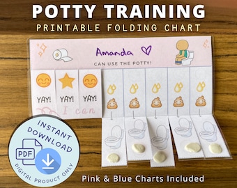 May include: A printable potty training chart with a pink and blue design. The chart features a child sitting on a toilet, a star, a smiley face, and a poop emoji. The text on the chart reads "Potty Training Printable Folding Chart", "Amanda", "Can Use The Potty!", "Yay!", "I Can", "Instant Download", "PDF", "Digital Product Only", and "Pink & Blue Charts Included".