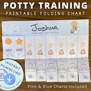 Puede incluir: Un gráfico de entrenamiento para ir al baño imprimible con fondo azul y blanco. El gráfico presenta una imagen de dibujos animados de un niño sentado en el inodoro, un rollo de papel higiénico y una estrella. El gráfico está etiquetado como "¡Joshua puede usar el baño!" e incluye una sección para pegatinas. El gráfico está etiquetado como "Descarga instantánea" y "Producto digital únicamente".