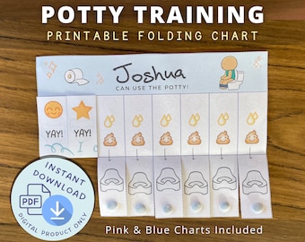 May include: A printable potty training chart with a blue and white background. The chart features a cartoon image of a child sitting on a toilet, a toilet paper roll, and a star. The chart is labeled "Joshua can use the potty!" and includes a section for stickers. The chart is labeled "Instant Download" and "Digital Product Only".