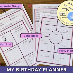 Lista de deseos de cumpleaños y planificador de fiestas, imprimible, para niños, con cuestionario Mis cosas favoritas