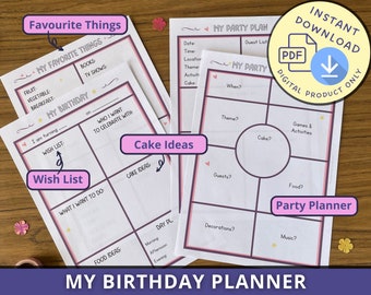 Geburtstags Wunschliste und Partyplaner, printable, für Kinder, mit Meine Lieblingssachen Fragebogen