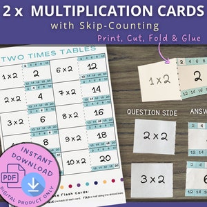 2 Times Tables Flash Cards, Printable Multiplication Flash Cards, learn doubles, math facts study cards, skip counting, maths activity