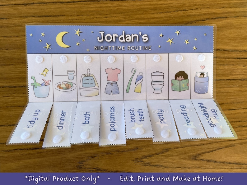 May include: A printable nighttime routine chart for children featuring a blue background with stars and a crescent moon. The chart includes images of activities like tidying up, dinner, bath, pajamas, brushing teeth, potty, reading, goodnight, and a hug. The chart has blank circles for attaching velcro dots.