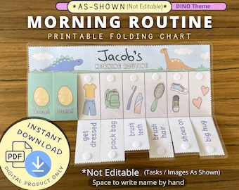 Morning Routine Chart, Printable Folding / Flip Chart : kids daily before school checklist / visual schedule for toddler routine, dinosaur