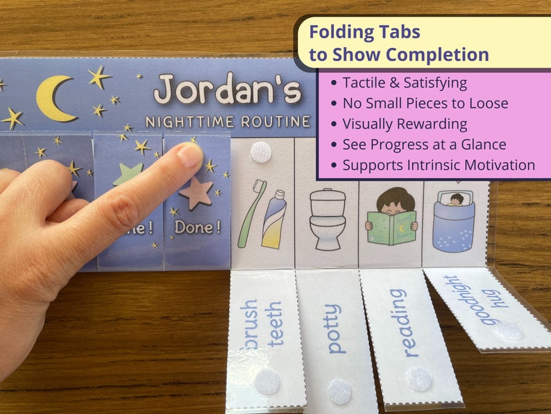 May include: A blue and white visual aid for children's bedtime routine. The chart features a crescent moon, stars, and images of brushing teeth, using the potty, reading a book, and going to sleep. The chart has tabs that fold down to reveal a star sticker when the task is completed. The text on the chart reads "Jordan's Nighttime Routine".