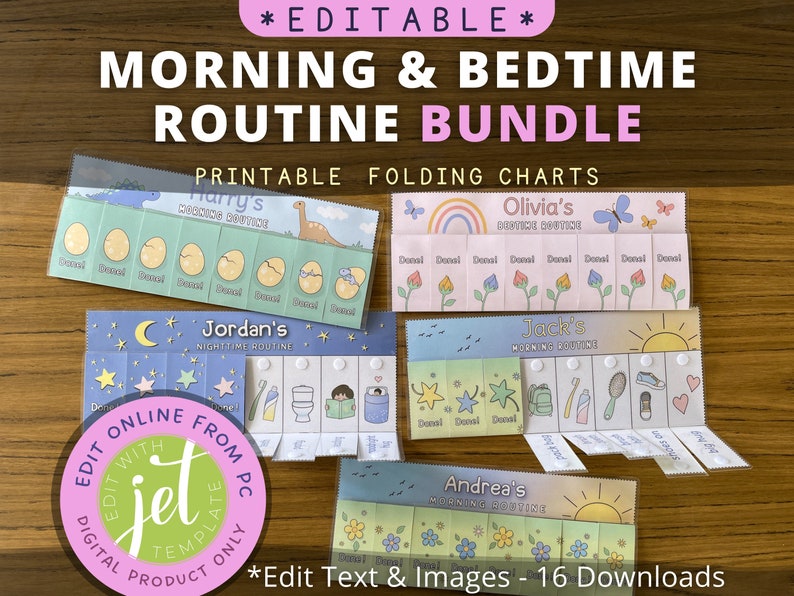 Editable Morning & Bedtime Routine Chart Bundle, Printable Folding / Flip Chart : kids daily checklist, visual schedule for toddler imagem 1