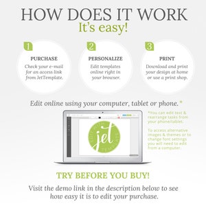 May include: A green, white, and black graphic illustration of a laptop screen showing a design template with the text "Edit with Jet Template". The image is a visual guide explaining how to purchase, personalize, and print a design template. The text "How Does It Work? It's Easy!" is at the top of the image.