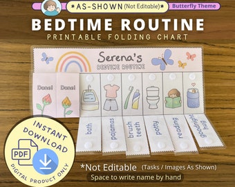 Bedtime Routine Chart, Printable Folding Flip Chart, kids daily checklist, visual schedule for toddler evening routine, Butterfly Theme
