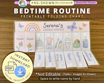 Bedtime Routine Chart, Printable Folding Flip Chart, kids daily checklist, visual schedule for toddler evening routine, Butterfly Theme