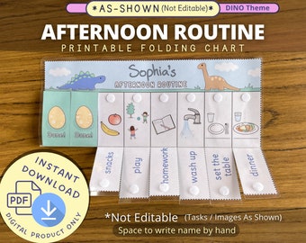 Könnte beinhalten: Ein druckbarer Nachmittags-Routine-Chart für Kinder mit Dinosaurier-Motiv. Der Chart hat Platz für den Namen des Kindes und enthält Bilder von Snacks, Spielen, Hausaufgaben, Händewaschen, Tischdecken und Abendessen. Der Chart ist zum Falten konzipiert und hat Klettpunkte zum Befestigen der verschiedenen Abschnitte.