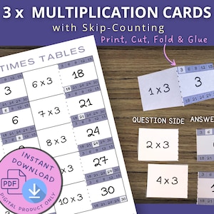 3 Times Tables Flash Cards, Printable Multiplication Flash Cards, math facts study cards, skip counting, maths activity