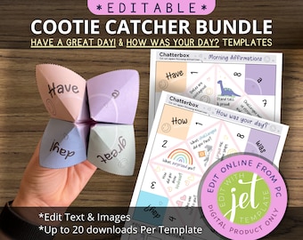 Könnte beinhalten: Ein druckbares Cootie-Catcher-Paket mit zwei Vorlagen. Die erste Vorlage trägt den Titel "Have a Great Day!" und die zweite Vorlage den Titel "How Was Your Day?" Beide Vorlagen zeigen einen bunten Cootie-Catcher mit verschiedenen Sätzen und Bildern auf jeder Seite. Die Vorlagen sind editierbar und können bis zu 20 Mal heruntergeladen werden.