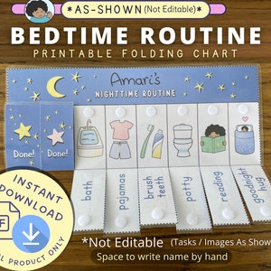 Bedtime Routine Chart, Printable Folding / Flip Chart : kids daily checklist / visual schedule for toddler nighttime routine, BIPOC