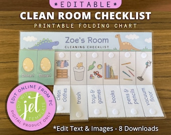 Könnte beinhalten: Eine druckbare Checkliste zum Reinigen eines Kinderzimmers. Die Checkliste ist zum Falten konzipiert und hat ein Dinosaurier-Thema. Die Checkliste enthält Aufgaben wie das Reinigen von Kleidung, Müll, Spielzeug, Spielen, Büchern, Stiften, Bleistiften, Staubsaugen und das Reinigen des Bodens. Die Checkliste ist editierbar und enthält den Text "Zoe's Room" und "Cleaning Checklist".