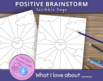 Könnte beinhalten: Ein druckbares Brainstorming-Arbeitsblatt mit einem Sonnen- und Wolken-Design. Das Arbeitsblatt enthält den Text "What I Love About" in einem Kreis in der Mitte der Sonne. Das Arbeitsblatt soll Menschen helfen, positive Gedanken und Gefühle zu entwickeln.