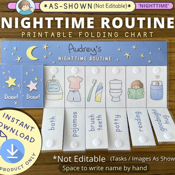 Nighttime Routine Chart, Printable Folding / Flip Chart : kids daily checklist / visual schedule for toddler bedtime or evening routine