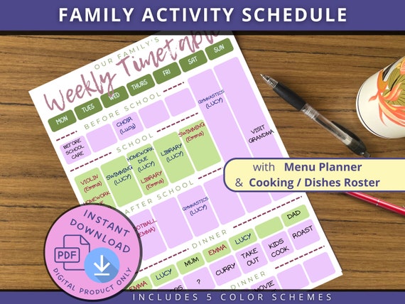 Family Schedule,  kids activity planner, with dinner planner and kitchen dishes roster, week at a glance, school and extra curricular,