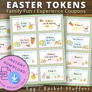 Easter Egg Tokens:  Prinable coupons redeemable for fun family activities; Easy budget friendly Easter Basket Stuffers or Easter Egg Fillers