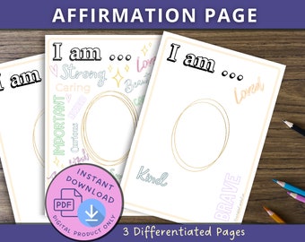 Könnte beinhalten: Drei druckbare Affirmationsseiten mit dem Text "Ich bin..." und einem Kreis zum Eintragen. Die erste Seite enthält Wörter wie "stark", "fürsorglich", "wichtig" und "neugierig". Die zweite Seite enthält das Wort "freundlich". Die dritte Seite enthält das Wort "mutig".