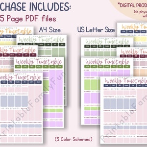 K&ouml;nnte beinhalten: Ein digitaler Download von 10 druckbaren Wochenplan-Seiten in zwei Gr&ouml;&szlig;en, A4 und US Letter. Die Seiten bieten f&uuml;nf verschiedene Farbschemata mit einem rosa Hintergrund und verschiedenen farbigen K&auml;stchen zum Planen von Aktivit&auml;ten. Der Text "Our Family's Weekly Timetable" befindet sich oben auf jeder Seite.