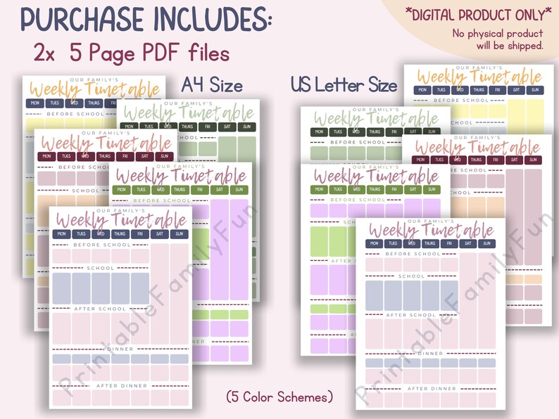 K&ouml;nnte beinhalten: Ein digitaler Download von 10 druckbaren Wochenplan-Seiten in zwei Gr&ouml;&szlig;en, A4 und US Letter. Die Seiten bieten f&uuml;nf verschiedene Farbschemata mit einem rosa Hintergrund und verschiedenen farbigen K&auml;stchen zum Planen von Aktivit&auml;ten. Der Text "Our Family's Weekly Timetable" befindet sich oben auf jeder Seite.