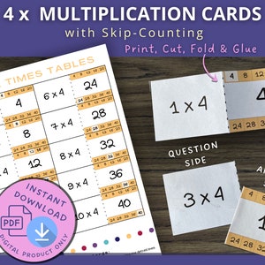 4 cartes flash tables de multiplication, cartes flash de multiplication imprimables, cartes d'étude des faits mathématiques, comptage par sauts, activité mathématique
