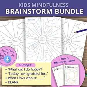 Könnte beinhalten: Ein druckbares Mindfulness-Aktivitätspaket für Kinder. Das Paket enthält vier Seiten mit Aufforderungen wie "Was habe ich heute gemacht?" und "Was ich an... liebe" sowie zwei Bonus-Affirmationsseiten mit dem Text "Ich bin..." umgeben von positiven Wörtern.