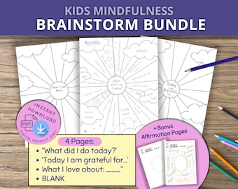 Könnte beinhalten: Ein druckbares Mindfulness-Aktivitätspaket für Kinder. Das Paket enthält vier Seiten mit Aufforderungen wie "Was habe ich heute gemacht?" und "Was ich an... liebe" sowie zwei Bonus-Affirmationsseiten mit dem Text "Ich bin..." umgeben von positiven Wörtern.