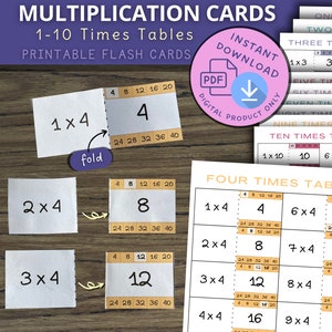 Multiplication Flash Cards, 1 to 10 times tables, skip counting, printable math flash cards, multiplication table, math activity