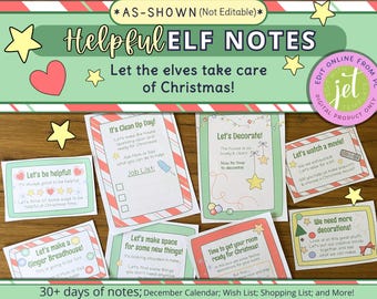 Könnte beinhalten: Ein Satz druckbarer Elfen-Notizen für Weihnachten. Die Notizen haben einen grün-rot gestreiften Hintergrund mit weißem Rand. Die Notizen enthalten Sätze wie "Lasst uns hilfsbereit sein!" und "Lasst uns Platz für neue Dinge schaffen!"