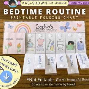 Bedtime Routine Chart, Printable Folding Flip Chart, kids daily checklist, visual schedule for toddler evening routine, BIPOC, Butterfly
