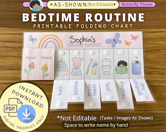 Bedtime Routine Chart, Printable Folding Flip Chart, kids daily checklist, visual schedule for toddler evening routine, BIPOC, Butterfly
