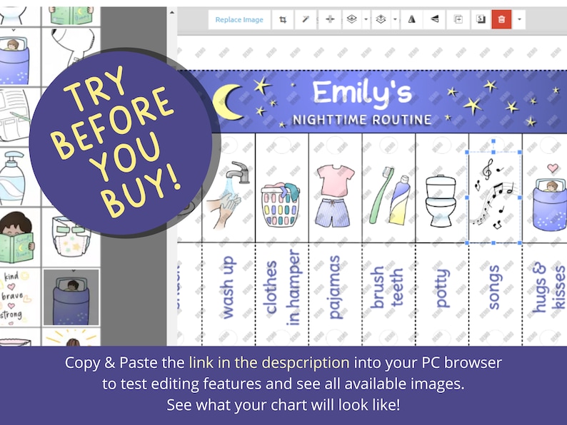 May include: A printable chart with a blue background and stars. The chart is titled "Emily's Nighttime Routine". The chart includes images and text for a bedtime routine, such as "wash up", "clothes", "in hamper", "pajamas", "brush teeth", "potty", "songs", "hugs & kisses".