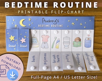 Bedtime Routine Chart, Printable Folding / Flip Chart : kids daily checklist / visual schedule for toddler evening routine