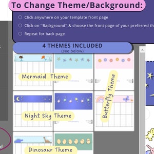 May include: A screenshot of a computer screen showing a digital design tool with four different themes to choose from: Mermaid, Night Sky, Dinosaur, and Butterfly. The themes are displayed in a grid format with a sample of each theme's design.