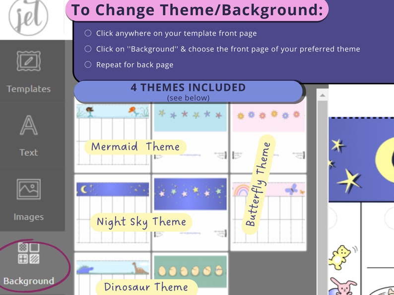 May include: A screenshot of a computer screen showing a digital design tool with four different themes to choose from: Mermaid, Night Sky, Dinosaur, and Butterfly. The themes are displayed in a grid format with a sample of each theme's design.