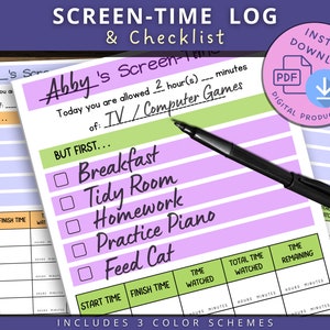 Screen time checklist and log, printable, screen time rules, daily tracker, chore chart for kids, after school routine, earn, reward