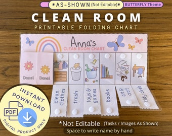 Könnte beinhalten: Ein druckbarer Aufräum-Chart mit Schmetterlings-Motiv. Der Chart zeigt einen Regenbogen, einen Schmetterling und den Text "Anna's Clean Room Chart". Der Chart hat acht Abschnitte mit Bildern und Textbeschriftungen für "Saubere Kleidung", "Müll", "Spielzeug & Spiele", "Bücher", "Kunst & Handwerk" und "Tisch aufräumen".