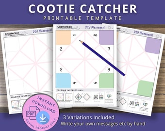 Könnte beinhalten: Druckbare Cootie-Catcher-Vorlage mit drei Variationen. Jede Variation hat ein anderes Farbschema: Pfirsich, hellblau und grün. Die Vorlage enthält Faltanweisungen und den Text "DIY Messages".