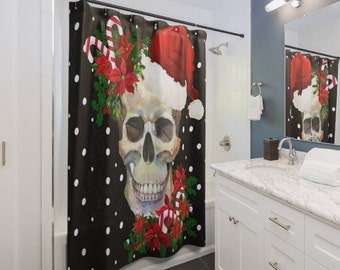 Halloween Bath Curtains Horror Ghost Theme Cloth Fabric Shower Curtain Sets Sugar Skull Bathroom & Toilet Decor with Hooks Waterproof Washable 72 x 72 inches Long Black Red