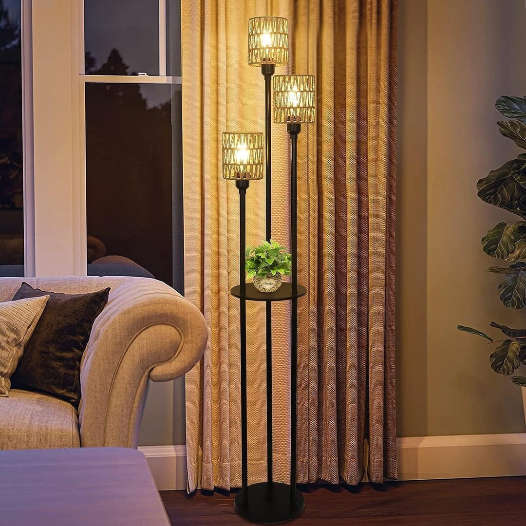 Boho Floor Lamp Rattan Floor Lamp With Shelves Farmhouse Etsy