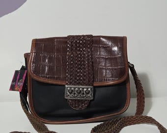Vintage Brighton Black Brown Woven Silver Hardware Shoulder Bag