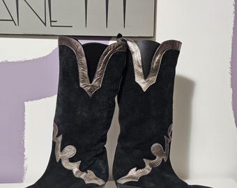 Vintage Paloma Black Leather Suede Western 80s 90s Boots