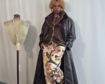 Vintage Checkered Houndstooth Removable Faux Fur Vest Liner Leather Trim Trench Coat