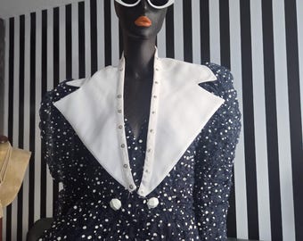 Vintage Liptons Navy Blue White Polka Dot Sheet Peplum Balloon Sleeve Removable Collar Blouse Blazer